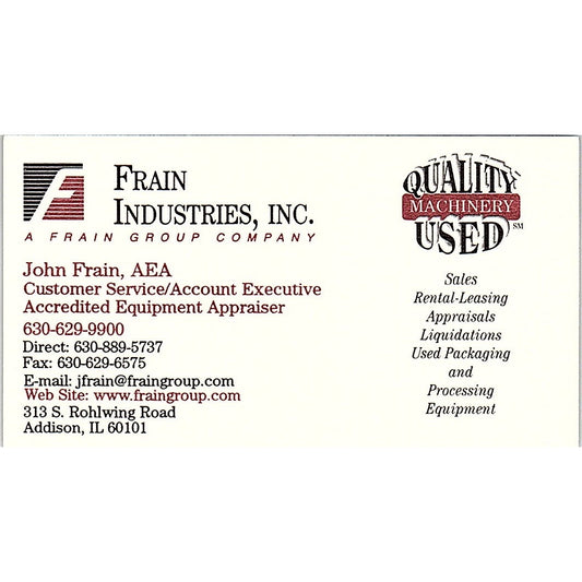 John Frain Industries Inc Addison IL Vintage Business Card SC9-B11