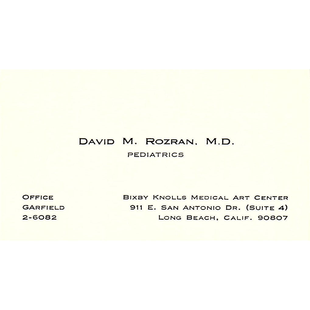 Pediatrics, Davids M. Roozran. M.d, Long Beach, CA Vintage Business Card SF3-B9