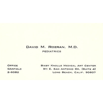 Pediatrics, Davids M. Roozran. M.d, Long Beach, CA Vintage Business Card SF3-B9
