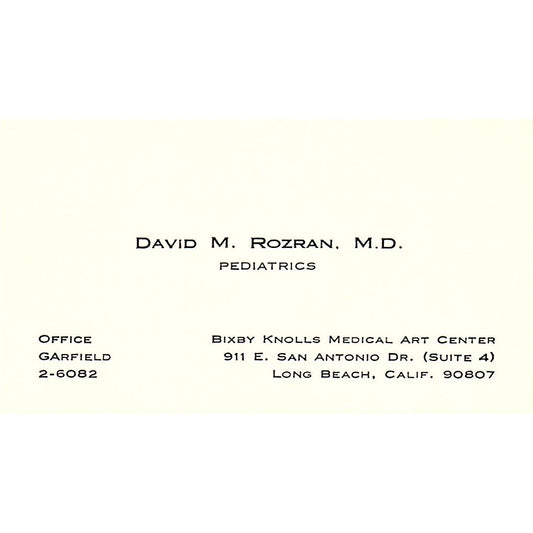 Pediatrics, Davids M. Roozran. M.d, Long Beach, CA Vintage Business Card SF3-B9