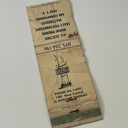 Sunset Motor Lodge El Dorado Kansas Vintage Matchbook Cover TB6-MB2-6