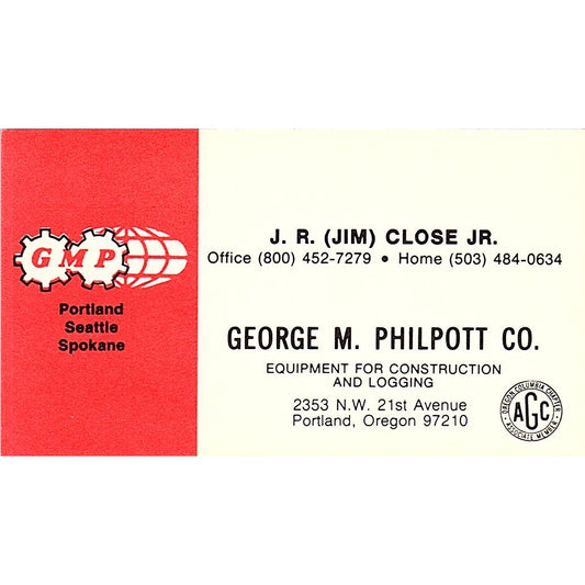 J.R. Jim Close Jr George M. Philpott Co Portland OR Vintage Business Card SD9-B4