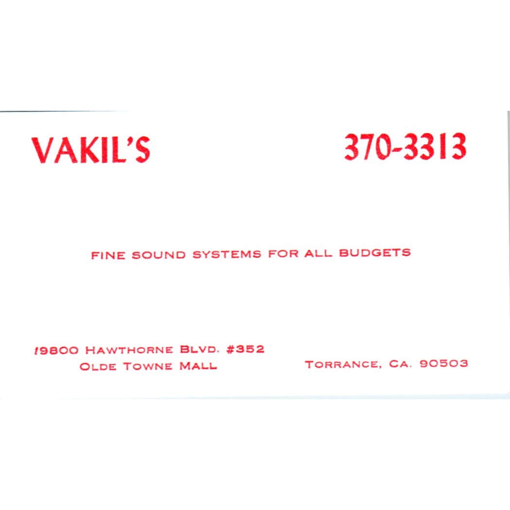 Vakil's Sound Systems Olde Towne Mall Torrance CA Vintage Business Card SD8-B20