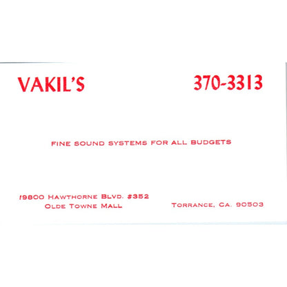 Vakil's Sound Systems Olde Towne Mall Torrance CA Vintage Business Card SD8-B20