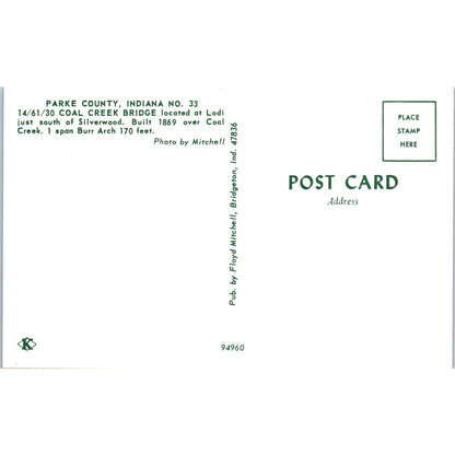 Coal Creek Bridge Parke County IN Vintage Covered Bridge Postcard PD5