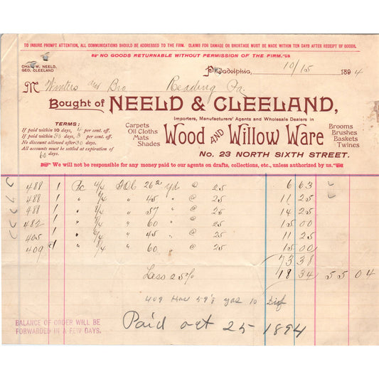 1894 Neeld & Cleeland Wood & Willow Ware Philadelphia Original Billhead AE7