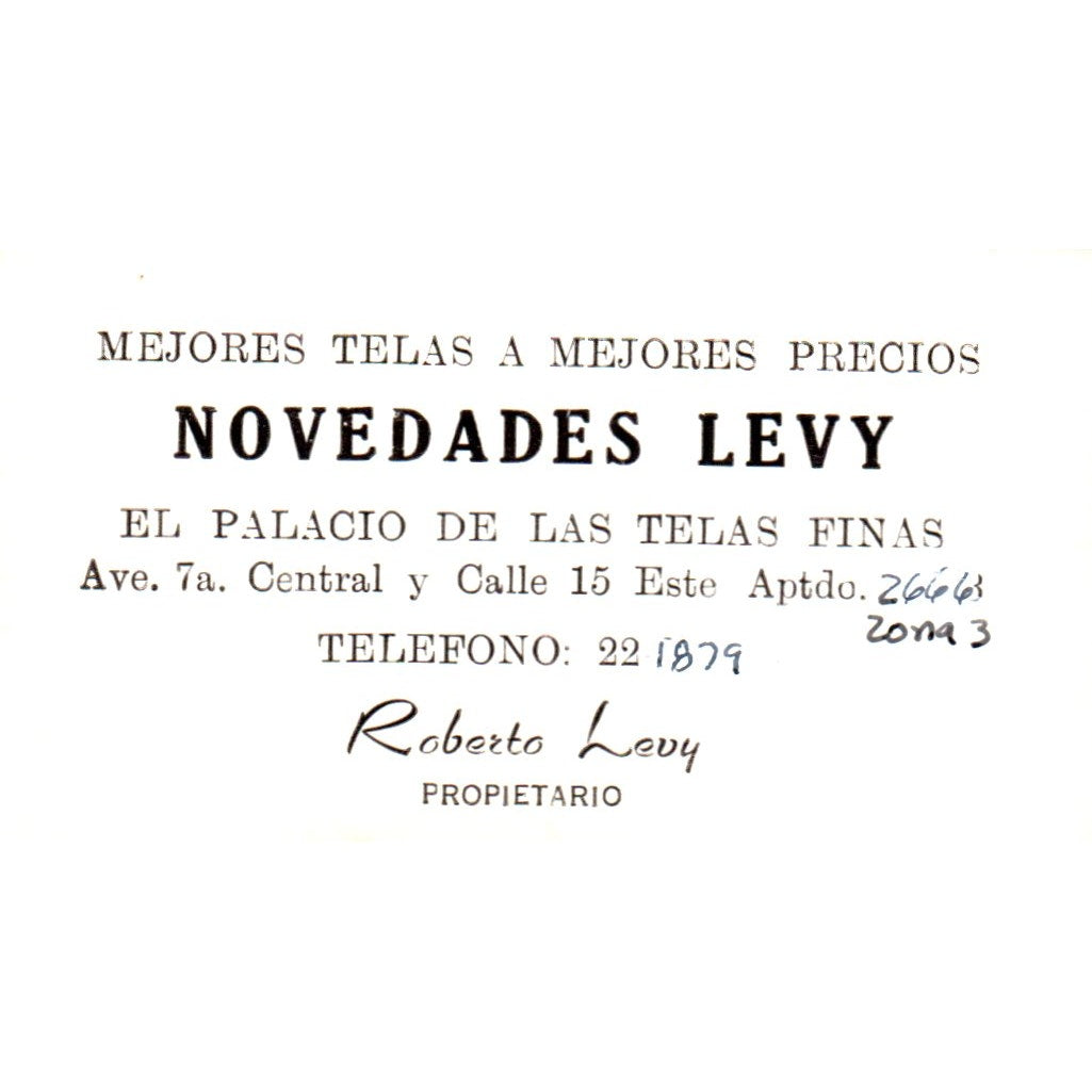 Novedades Levy El Palacio De Las Telas Finas Roberto Levy Business Card SD8-B16