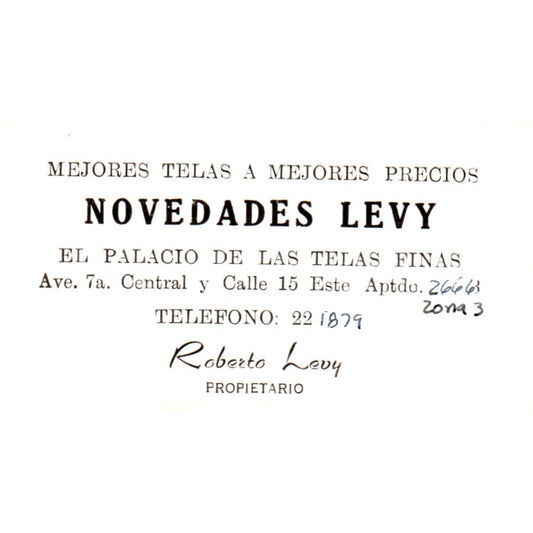 Novedades Levy El Palacio De Las Telas Finas Roberto Levy Business Card SD8-B16
