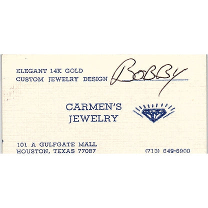 Carman's Jewelry Bobby Houston TX, Vintage Business Card SB4-B2