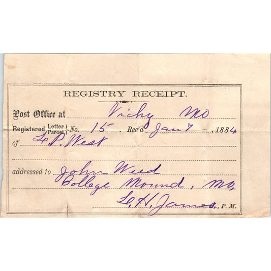 1884 Vicy MO Post Office Registry Receipt to John Weed College Mound MO AE6