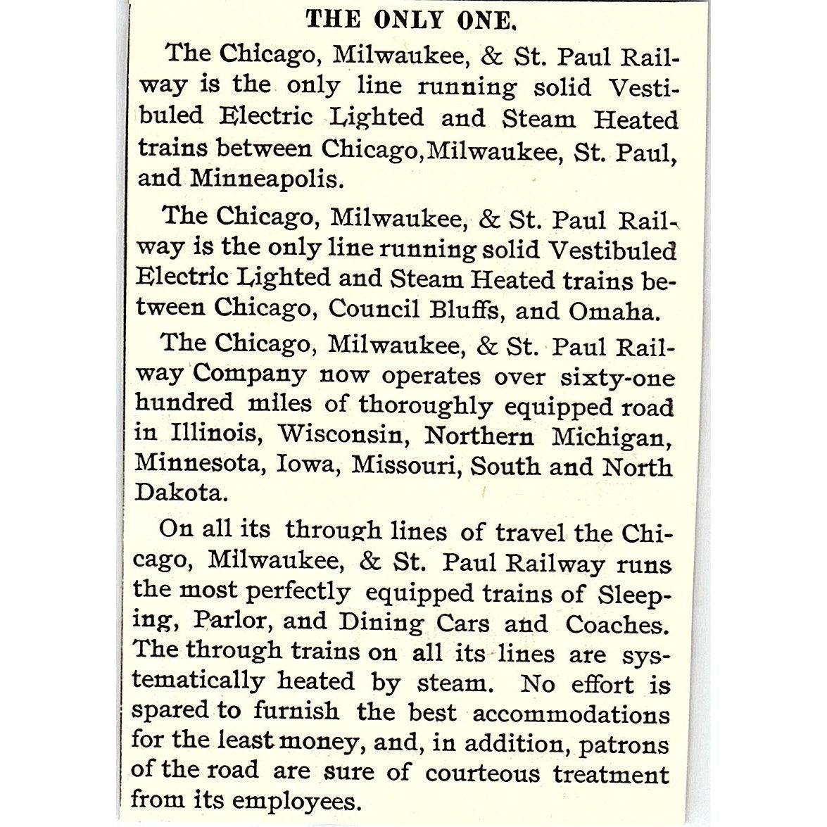 Chicago Milwaukee & St Paul Vestibuled Electric Light Steam Heat 1892 Ad AG2-M11