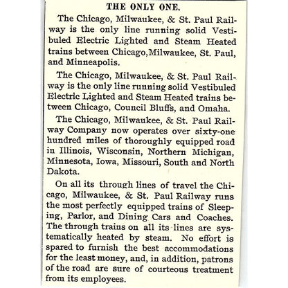 Chicago Milwaukee & St Paul Vestibuled Electric Light Steam Heat 1892 Ad AG2-M11