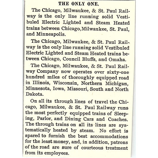 Chicago Milwaukee & St Paul Vestibuled Electric Light Steam Heat 1892 Ad AG2-M11