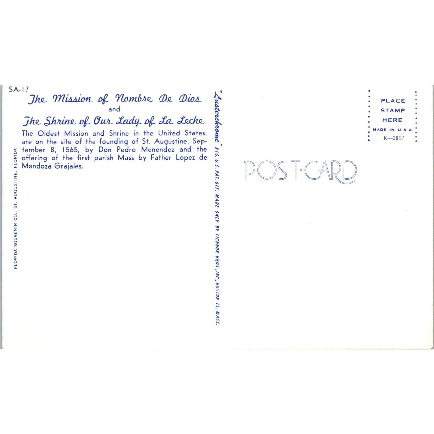 Mission Nombre De Dios & Shrine of Our Lady La Leche St. Augustine Postcard PD1
