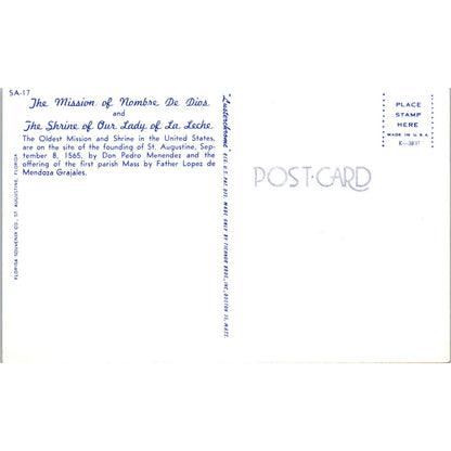 Mission Nombre De Dios & Shrine of Our Lady La Leche St. Augustine Postcard PD1