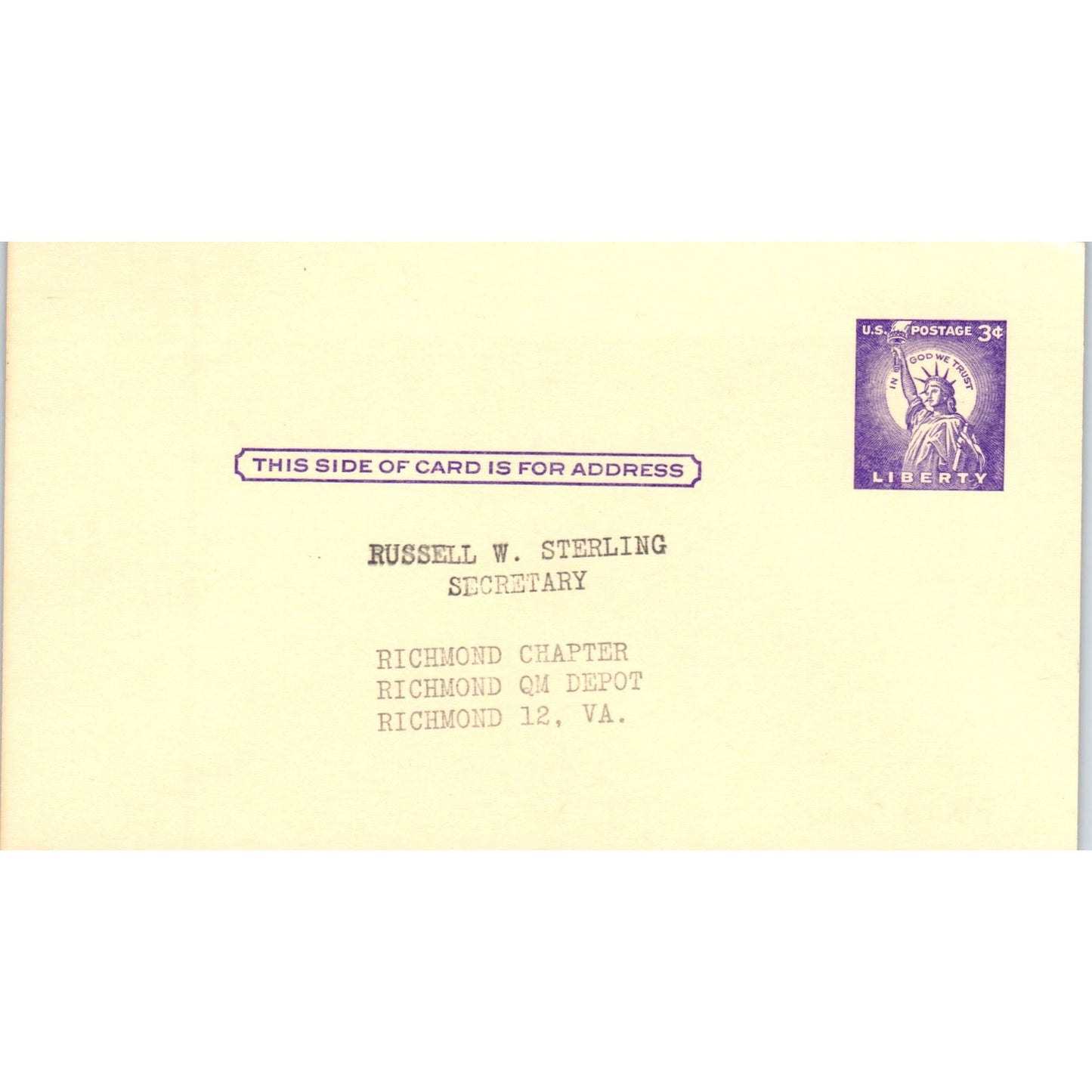 Richmond Chapter Association of the US Army Russell W. Sterling Postal Card PE6