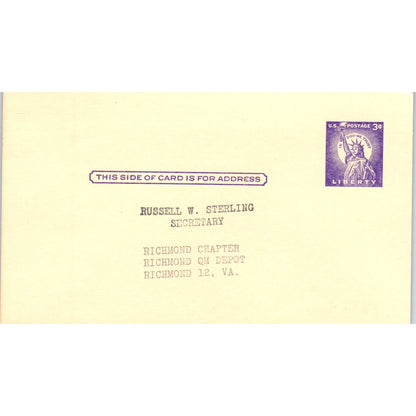 Richmond Chapter Association of the US Army Russell W. Sterling Postal Card PE6