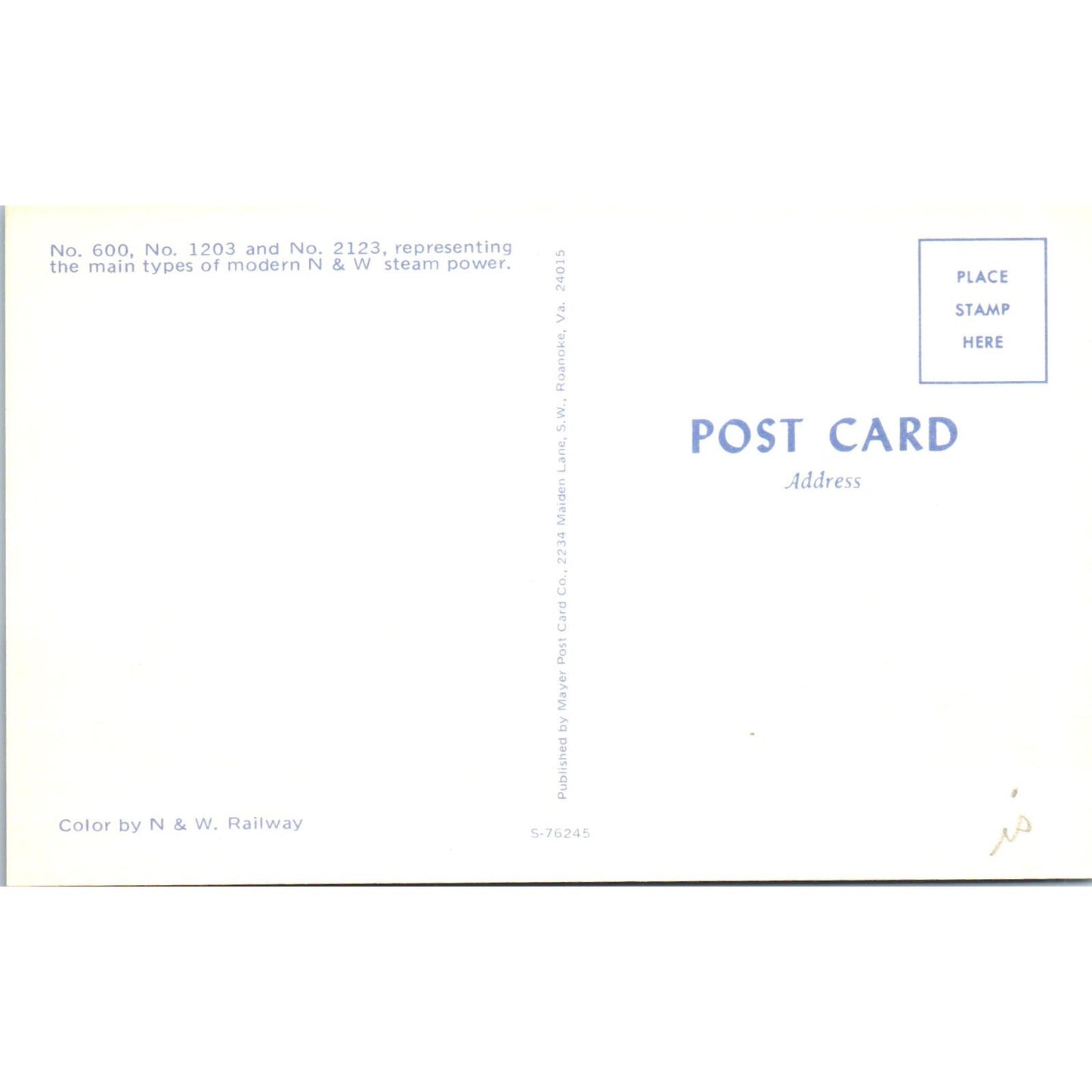 N & W Steam Powered Locomotive No.600, 1203, 2123 Vintage Postcard PC17