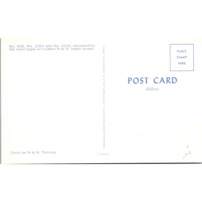 N & W Steam Powered Locomotive No.600, 1203, 2123 Vintage Postcard PC17