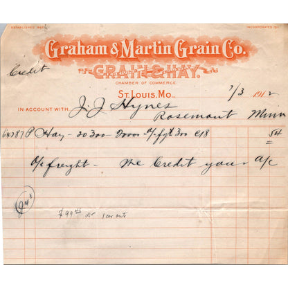 Graham & Martin Grain Co St. Louis MO 1912 Letterhead Billhead K1