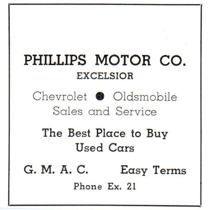 Phillips Motor Co Used Cars Excelsior MN Oldsmobile Chevrolet 1940 Ad AF1-OM