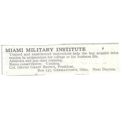 Miami Military Institute Col. Orvon Graff Brown Germantown c1918 Advert AE5-SA8