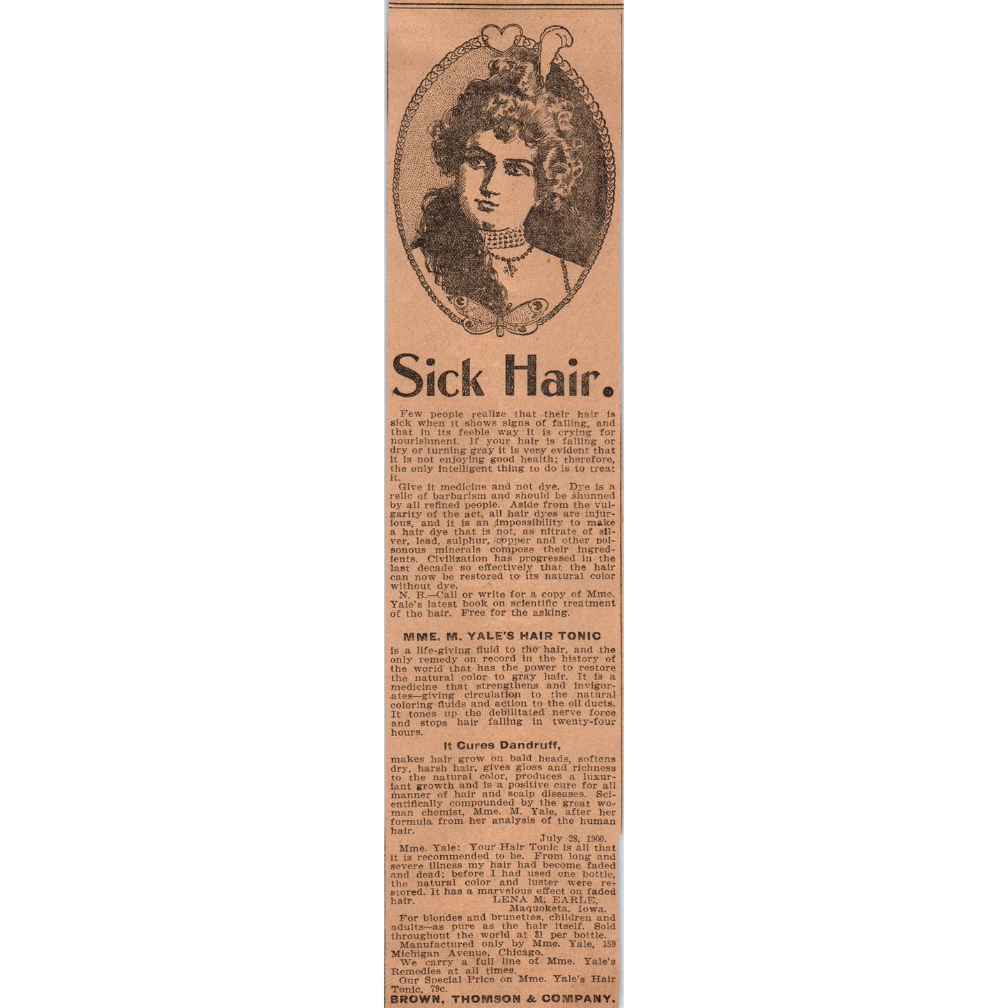 Madame Yale's Hair Tonic Brown, Thompson & Co Hartford 1901 Newspaper Ad AD8-H3