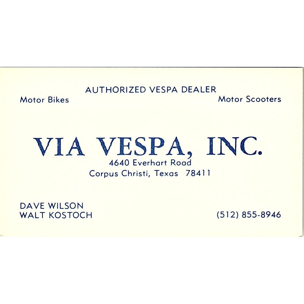 Via Vespa Inc Dave Wilson Walt Kostoch Corpus Christi TX Business Card SD9-B12