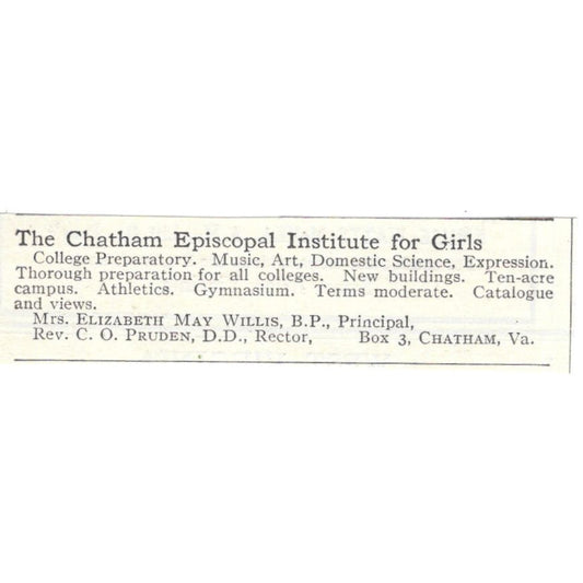 Chatham VA Episcopal Institute Elizabeth May Willis c1918 Advertisement AE5-SA4