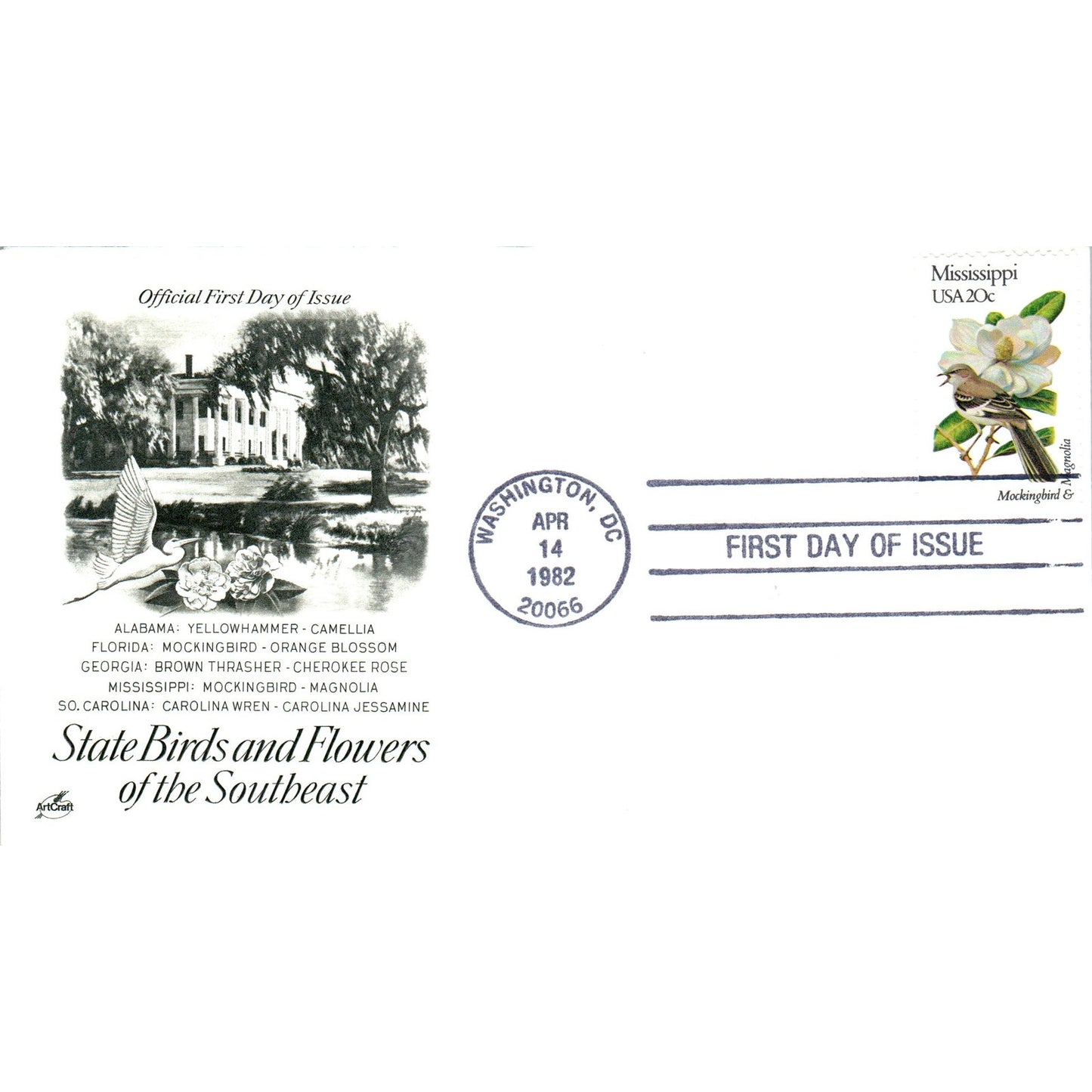 Mississippi 1982 State Birds & Flowers of The Southeast First Day Issue TJ5-PC3