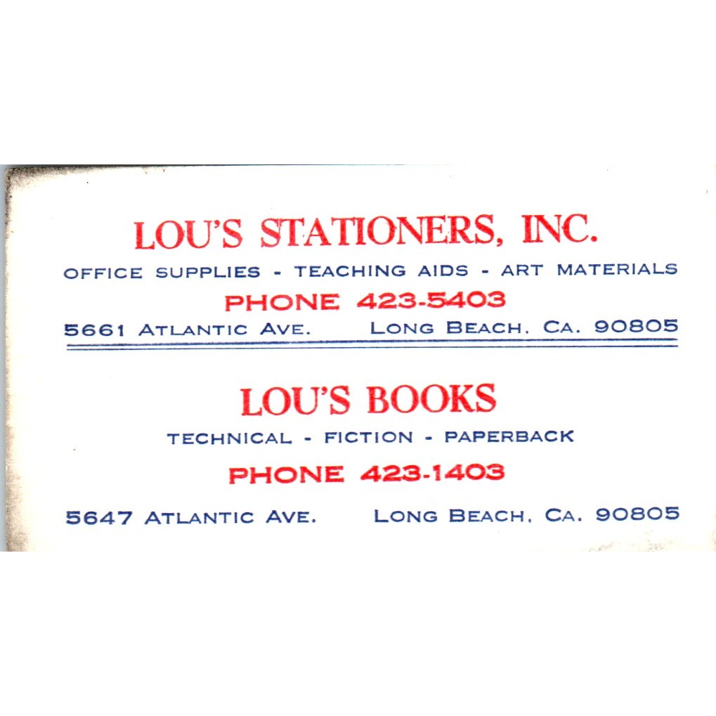Lou's Stationers Inc Lou Ozan Long Beach CA Vintage Business Card SE3-B3