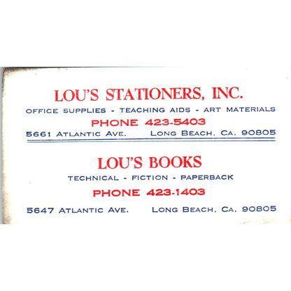 Lou's Stationers Inc Lou Ozan Long Beach CA Vintage Business Card SE3-B3