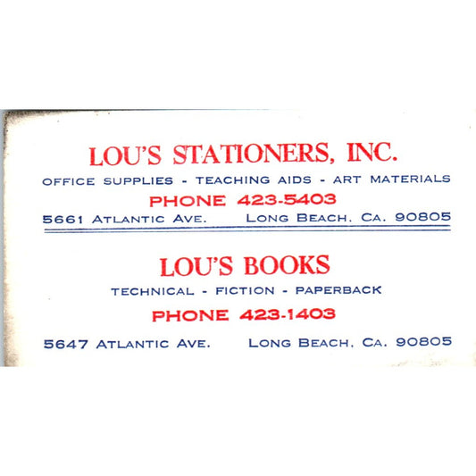 Lou's Stationers Inc Lou Ozan Long Beach CA Vintage Business Card SE3-B3
