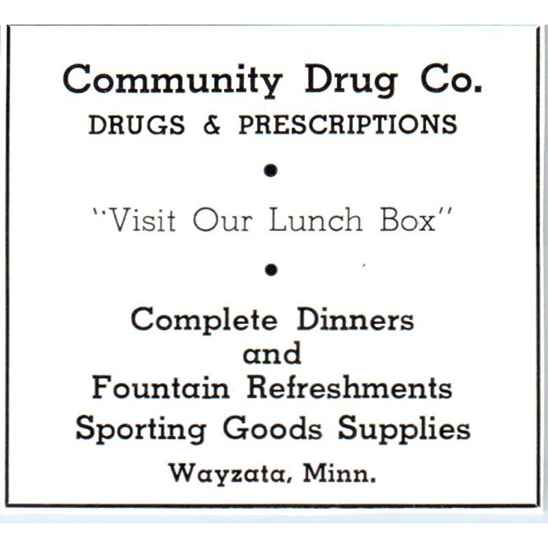 Community Drug Co Pharmacy Soda Fountain Wayzata MN 1940 Magazine Ad AF1-SS4