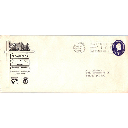 1958 Brown Bros Auctioneers Doylestown PA Cancer Cancel Postal Cover TH9-L1