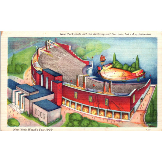 1939 World's Fair State Exhibit Building Fountain Lake Amphitheatre Postcard PD3