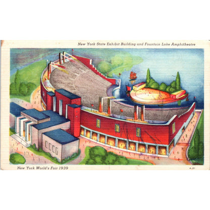 1939 World's Fair State Exhibit Building Fountain Lake Amphitheatre Postcard PD3