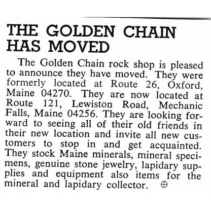 The Golden Chain Rock Shop Moves to Mechanic Falls Maine 1972 Ad AF8-M1