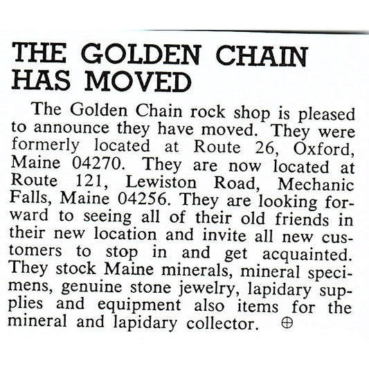 The Golden Chain Rock Shop Moves to Mechanic Falls Maine 1972 Ad AF8-M1