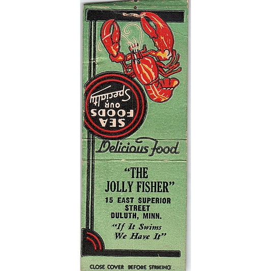The Jolly Fisher Sea Foods Duluth MN Vintage Matchbook Cover SC7-Y4