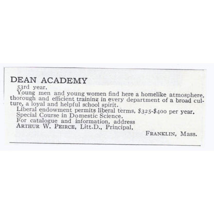 Dean Academy Arthur W. Peirce Franklin MA c1918 Original Advertisement AE5-SA8