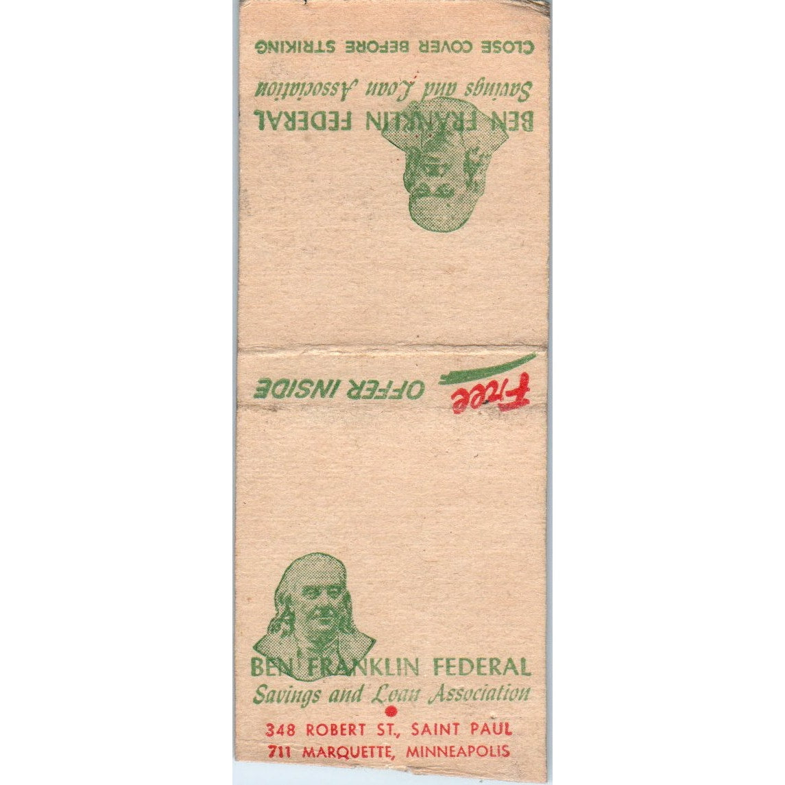 Ben Franklin Federal St. Paul Minneapolis Vintage Matchbook Cover SF4-Y8