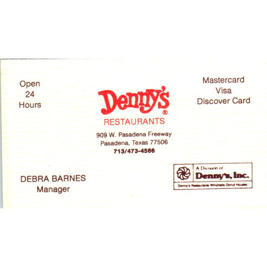 Denny's Restaurant Pasadena TX Debra Barnes Vintage Business Card SD8-B8