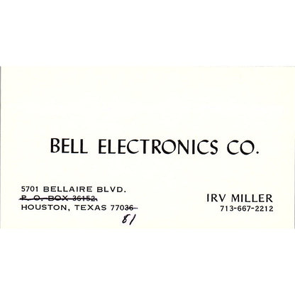 BELL ELECTRONICS CO. IRV MILLER, HOUSTON TX, Vintage Business Card SF3-B8
