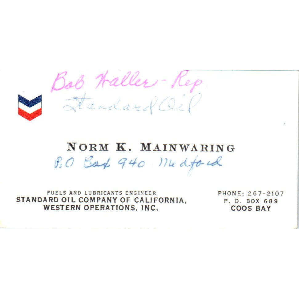 Norm K. Mainwaring Coos Bay Standard Oil Of California Vtg Business Card SD8-B21