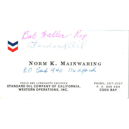 Norm K. Mainwaring Coos Bay Standard Oil Of California Vtg Business Card SD8-B21