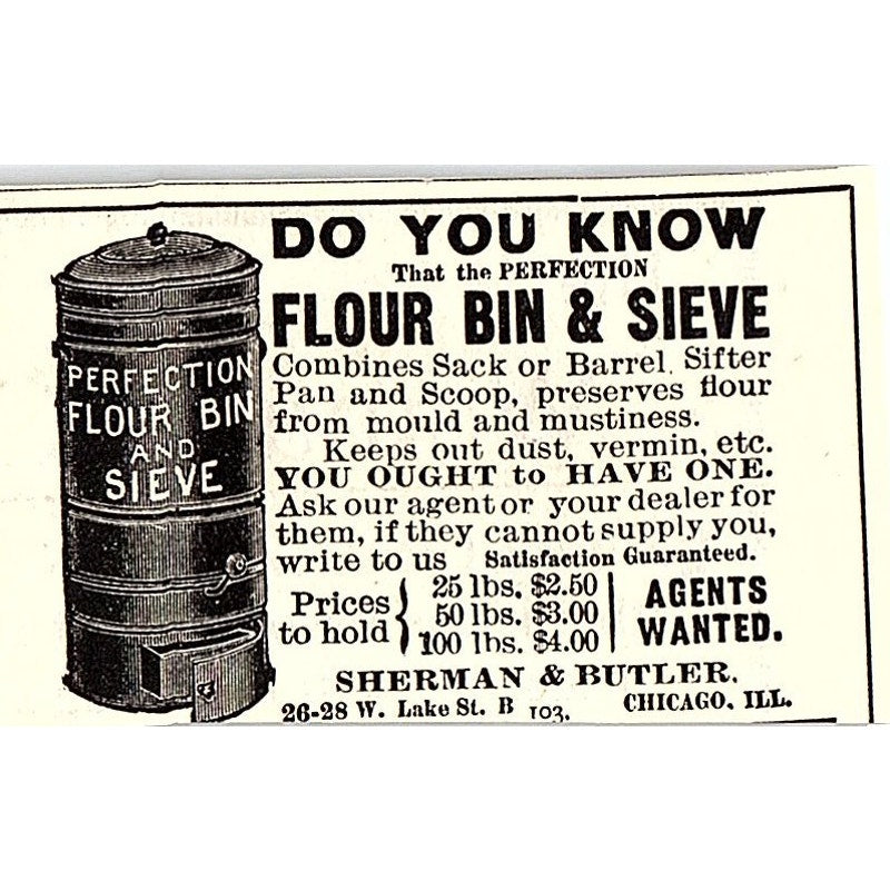 Sherman & Butler Perfection Flour Bin & Sieve Chicago IL 1892 Ad AG2-S26
