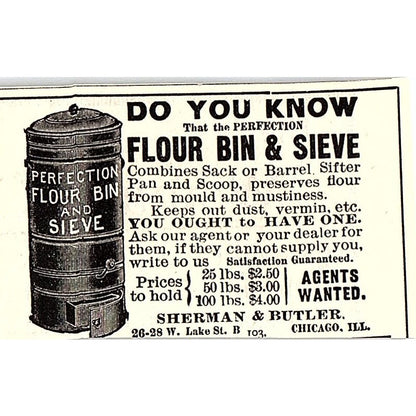 Sherman & Butler Perfection Flour Bin & Sieve Chicago IL 1892 Ad AG2-S26