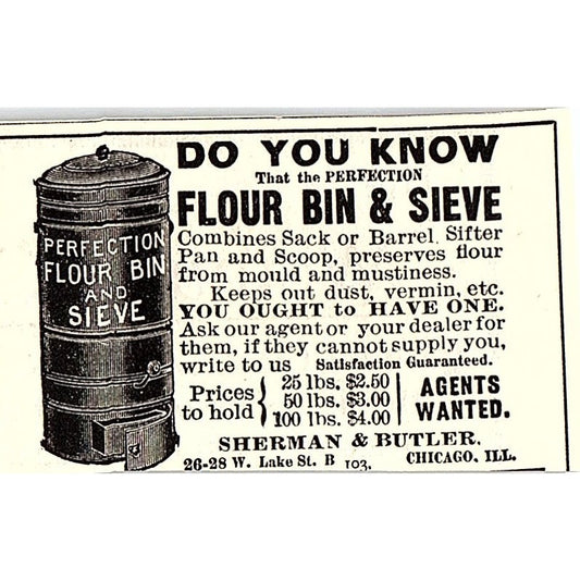 Sherman & Butler Perfection Flour Bin & Sieve Chicago IL 1892 Ad AG2-S26