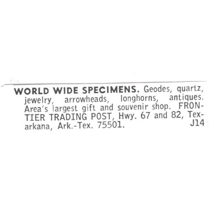 Frontier Trading Post Lapidary Specimens Texarkana AR 1972 Ad AF8-S23